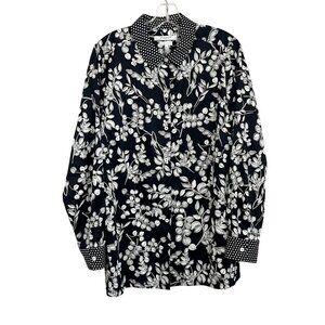 Foxcroft‎ Wrinkle Free Black White Floral Polka Dot Long Sleeve Shirt Size 16